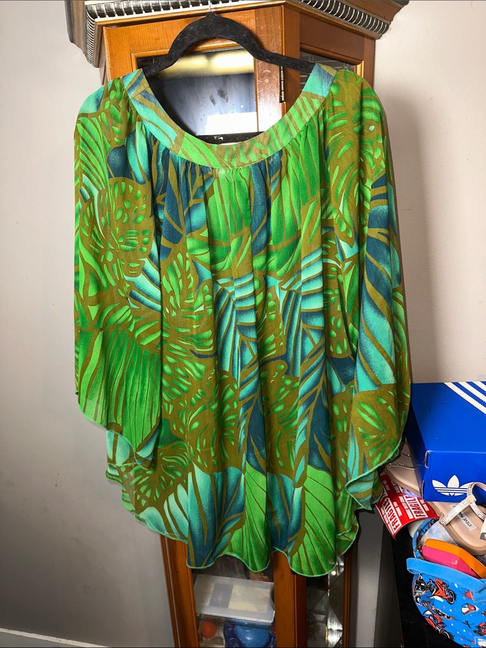 Lane Bryant Green & Teal Tropical Print Peasant Blouse View 5